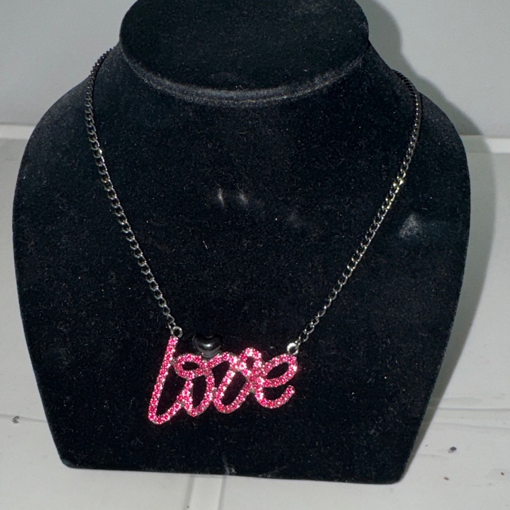 Love Pendant Necklace black gunmetal necklace w/ pink rhinestone "love" jewelry